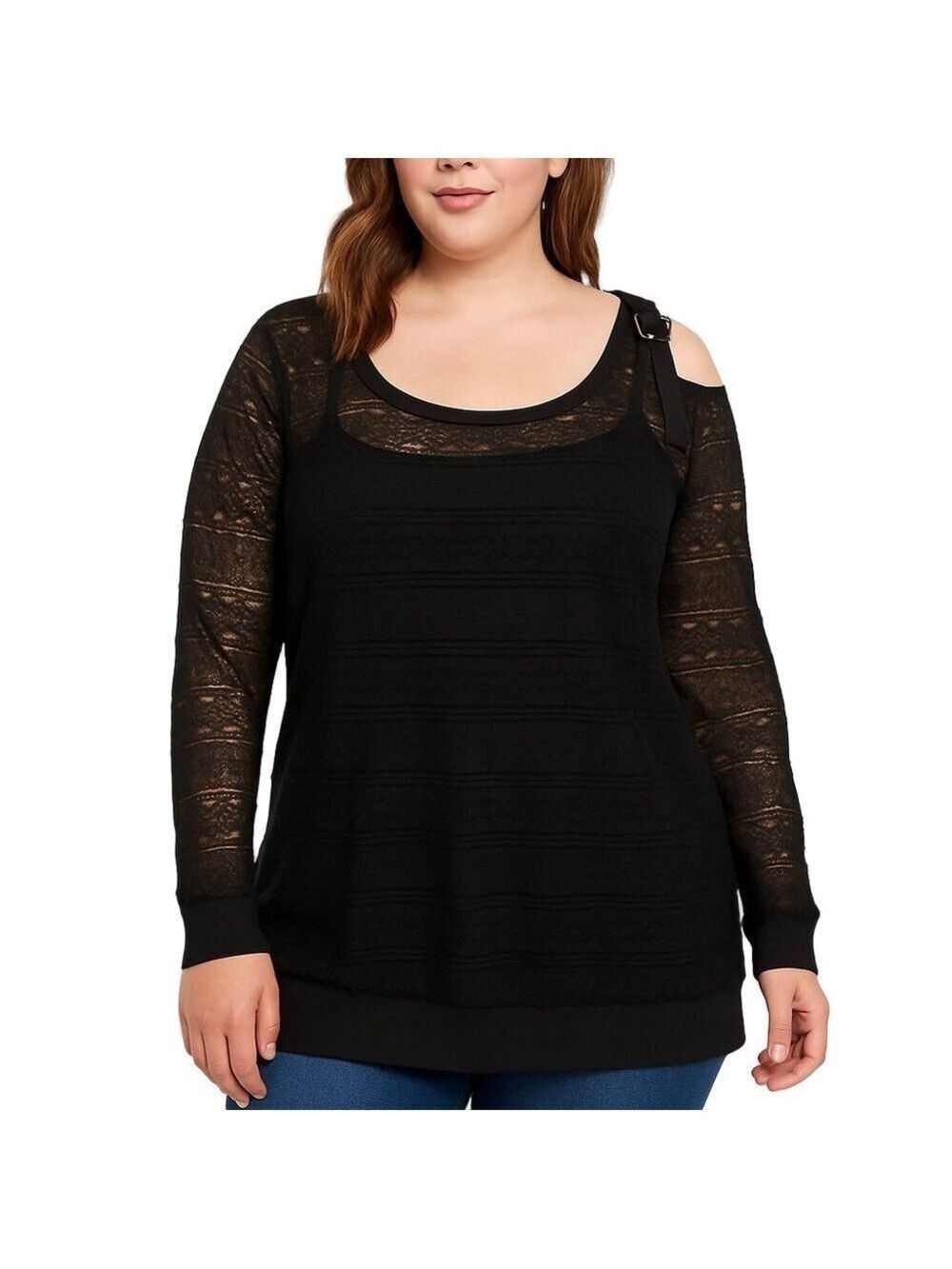 Love & Legend Black Lace Knit Long Sleeve Top Sheer Cold Shoulder Cut Out